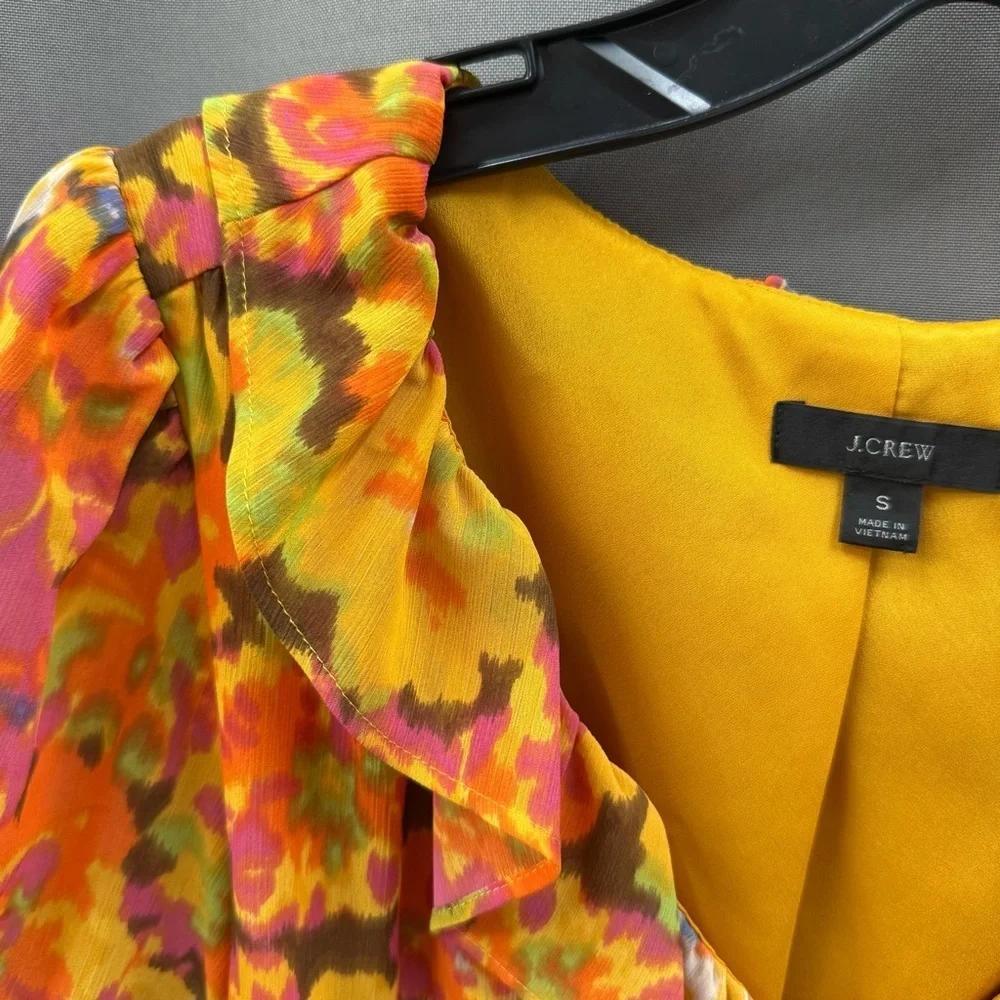 J. Crew Vibrant Floral Ruffle Blouse - Pink, Orange, Yellow